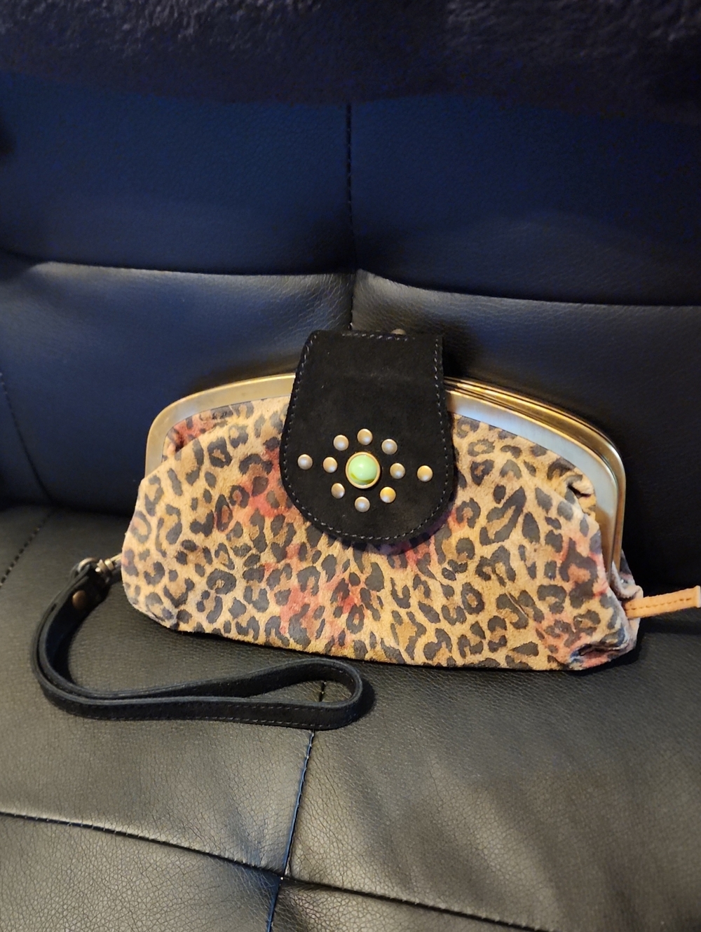 Tasha Polizzi Leopard Print Wristlet Clutch with Black Studded Accent